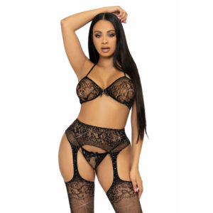 LEG AVENUE - THREE PIECES SET BRA, STRING AND STOCKING ONE SIZE - BLACK