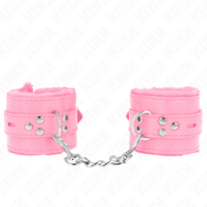 KINK - FUR LINED WRIST RESTRAINTS WITH SQUARE HOLES PINK AND PINK BELT ADJUSTABLE 17-29 CM X 6 CM