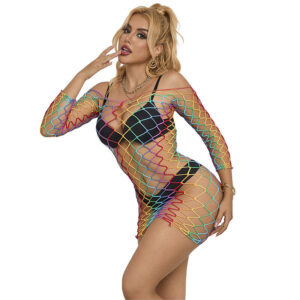 SUBBLIME - 952426 RAINBOW LONG SLEEVE FISHNET BODYSTOCKING ONE SIZE