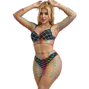 SUBBLIME - 952440 2-PIECE FISHNET BODYSTOCKING LONG SLEEVE RAINBOW ONE SIZE